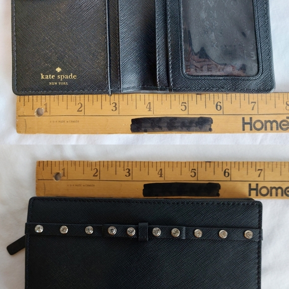 Kate Spade Bifold Rhinestone Bow Black Leather Wallet Snap Button Zip - Picture 11 of 13